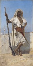 Arab in Field Equipment, 1884, oil on canvas, 41 x 21 cm, signed and dated lower left: EALOVATTI