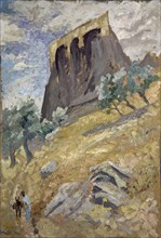 Mountain dump with towering bastion, oil on board, 64 x 44 cm, Ernst Schiess, Basel 1872–1919