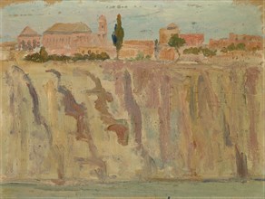 Toledo above the rocky Tagus, oil on cardboard, 31.5 x 42 cm, Ernst Schiess, Basel 1872–1919