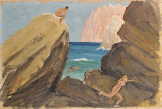 Persecution on rocky coast, oil on cardboard, 29 x 42 cm, Ernst Schiess, Basel 1872–1919 Valencia