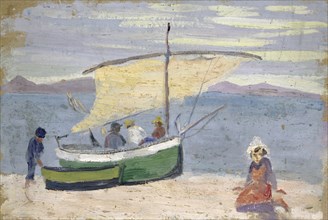 Fishing boat on the beach, oil on cardboard, 28.5 x 42.5 cm, Ernst Schiess, Basel 1872–1919