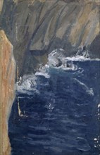 Surf on rocky coast, oil on board, 41 x 26.5 cm, Ernst Schiess, Basel 1872–1919 Valencia