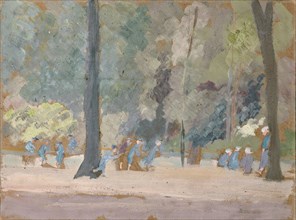 Playing boys in public park, oil on cardboard, 25.5 x 34 cm, Ernst Schiess, Basel 1872–1919