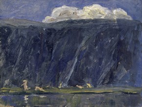 Mountain lake with naked figures, oil on cardboard, 26 x 34.5 cm, Ernst Schiess, Basel 1872–1919