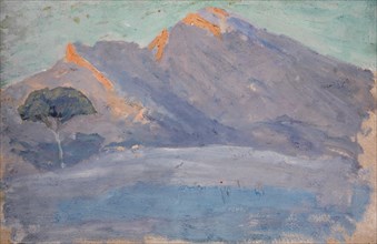 Bald mountain range in Abenschein, oil on cardboard, 26.5 x 41 cm, Ernst Schiess, Basel 1872–1919