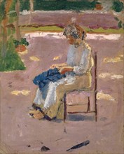 Sewing woman outdoors, oil on cardboard, 26.5 x 22 cm, Unmarked, Französischer Maler, 19./20. Jh.