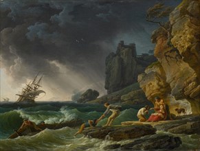 Stormy Sea with castaways, 1780, oil on canvas, 49.5 x 65 cm, signed and dated on the cliff below