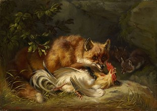 Fox capturing a rooster, 1855, oil on canvas, 24 x 34.1 cm, Signed and dated lower left: B. Adam.,
