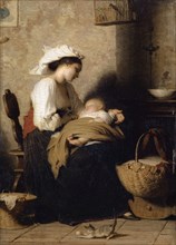Italian mother with sleeping infant, 1859, oil on walnut, 34.5 x 24.5 cm, signed and dated lower