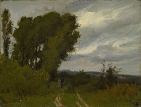 Landscape with trees and strolling couple, c. 1880, oil on walnut, 26.5 x 35 cm, monogrammed lower