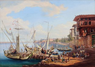 View of the Bosphorus, oil on board, 29.1 x 40.6 cm, signed lower right: J J Falkeisen fec.t