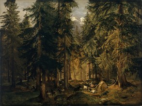 High mountain forest with herd of goats, around 1847, oil on paper on panel, 51.6 x 69.4 cm, signed