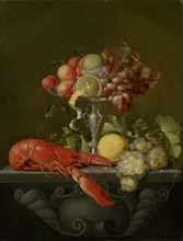 Still Life with Fruit Bowl and Lobster, Oil on Oak, 64.5 x 49.5 cm, Not Specified, Jan Davidsz. de
