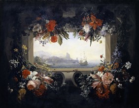 Flower still life: cartouche with garland, therein the Vedute of a port city, before 1713, oil on