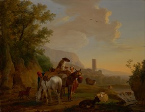 Southern landscape with shepherds, oil on panel, 47 x 59 cm, unmarked, Balthasar Paul Ommeganck,