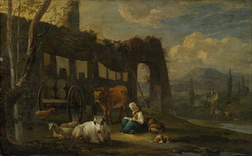 Italian landscape with staffage, oil on paper, mounted on oak wood, 36.5 x 58.5 cm, remains of a
