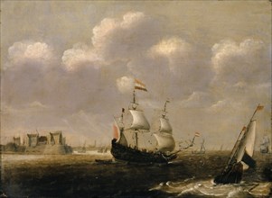 Sailboats in front of a harbor, circa 1620/30, oil on panel, 47 x 64 cm, Signed lower right on the