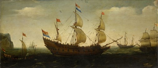 Dutch three-master and other ships off the coast, oil on panel, 42.5 x 95 cm, signed in the white