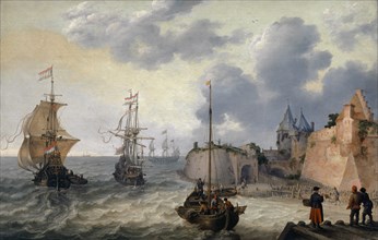 Dutch port with sailing ships, oil on oak, 54.5 x 85.5 cm, monogrammed lower right on wooden
