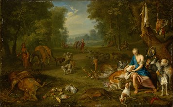 Landscape with Diana and her prey, oil on oak wood, 46.5 x 74 cm, unmarked, Hendrik van Balen d. Ä