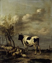 Pasture with black and white bull, 1663, oil on oak, 42.5 x 34.5 cm |, 42.5 x 34.5 x 0.8 cm, signed