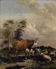 Pasture with brown bull, 1663, oil on oak, 42.5 x 34.5 cm, signed and dated lower left: A. Klomp f