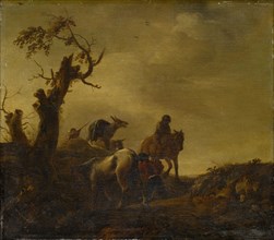 Horses and Donkeys in the Hollow Road, Oil on Oakwood, 28 x 32 cm, Unsigned, Philips Wouwerman,