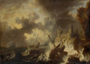 Sea storm with shipwreck in front of a coastal fortress, oil on oak wood, 26.5 x 36.5 cm, unsigned,