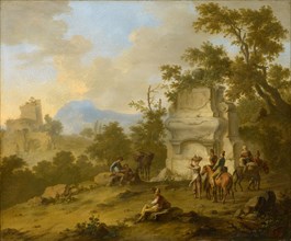 Landscape with tomb and horsemen, oil on copper, 29.6 x 35.9 cm, signed lower right: F, Franz de