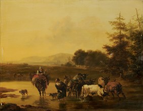 A herd of cattle passes through a river, after 1656, oil on panel, 37.6 x 47.9 cm, unsigned,