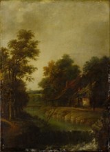 Farmhouses on a river with a water level, oil on oak wood, 48 x 35 cm, not marked, Cornelis