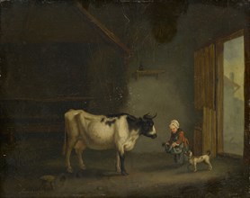 Girl with cow in a stable, 1788, oil on panel, 19 x 24 cm, signed and dated lower left: Senave