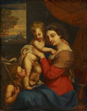 Madonna with Child and the Johnneskin, oil on poplar wood, 27.3 x 21.5 cm, unsigned, Carlo Cignani,
