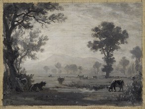 Landscape with grazing cows, oil on cardboard (Grisaille), 10.5 x 14 cm, monogrammed lower left: R