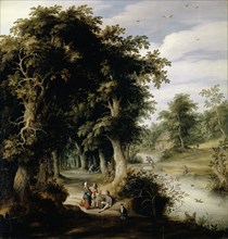 River landscape with oak forest, oil on oak wood, 102 x 97.5 cm, Monogrammed on the barrel of the