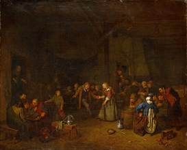 Peasant dance in a barn, oil on canvas, 64 x 79 cm, unmarked, Egbert van Heemskerck, Haarlem