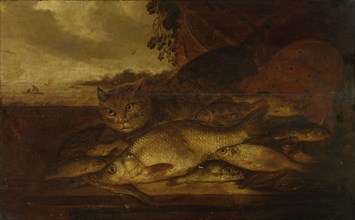 Still Life: Cat with fish, oil on oak wood, 53 x 83 cm, Monogrammed in the middle at the edge of
