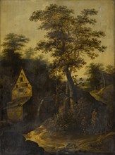 Landscape with watermill and staffage, oil on oak wood, 76 x 57 cm, unsigned, Niederländischer