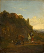 Italian landscape with traveler, oil on panel, 54.5 x 45 cm, Karel Dujardin, (Kopie nach (?) / copy