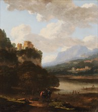 Mountain lake with rock castle, oil on oak wood, 36.1 x 32.3 cm, signed lower right: ABegeijn [AB