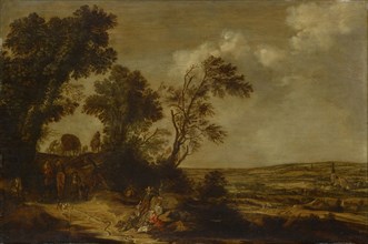 Hilly landscape with cart path, oil on oak wood, 57.5 x 85 cm, not marked, Pieter de Molijn, London