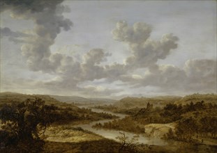Large river landscape, oil on oak wood, 61 x 84.5 cm, bottom left of the center in the front shadow