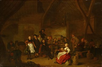 Tavern scene, oil on oak wood, 61.5 x 92.5 cm, Signed on the table frame below the plate: J