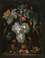 Still Life with Grape and Fruit in a Niche, Oil on Limewood, 47.2 x 36.8 cm, Signed Lower Left (in