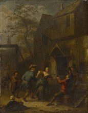 Invitation to dance in front of a tavern, oil on oak wood, 45 x 36.5 cm, not marked, Richard