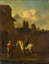 Trumpeter on horseback in front of a tavern, oil on mahogany, 42 x 33 cm, Karel Dujardin, (Kopie