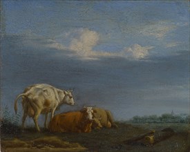 Cows in the pasture, oil on copper, 8.5 x 10.5 cm, monogrammed on the lying tree trunk right: A.V.V