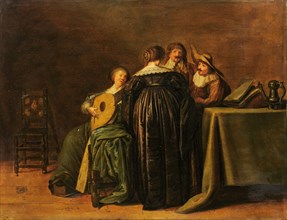 Elegant company with lute player, oil on oak wood, 32 x 41.5 cm, unsigned, Pieter Jacobsz. Codde,
