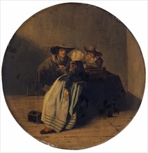 Interior with a smoking company at a table, oil on oak wood, diameter: 44.5 cm, signed on the left
