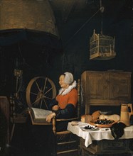 Over the reading, a woman asleep on a spinning wheel, 1659, oil on oak, 46.5 x 42.5 cm, monogrammed